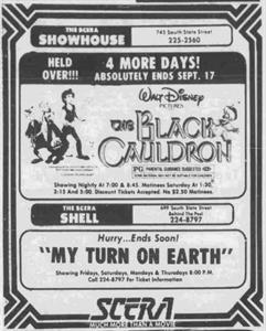 Newspaper ad for 'The Black Cauldron' at the SCERA Showhouse, held over for four more days. - , Utah